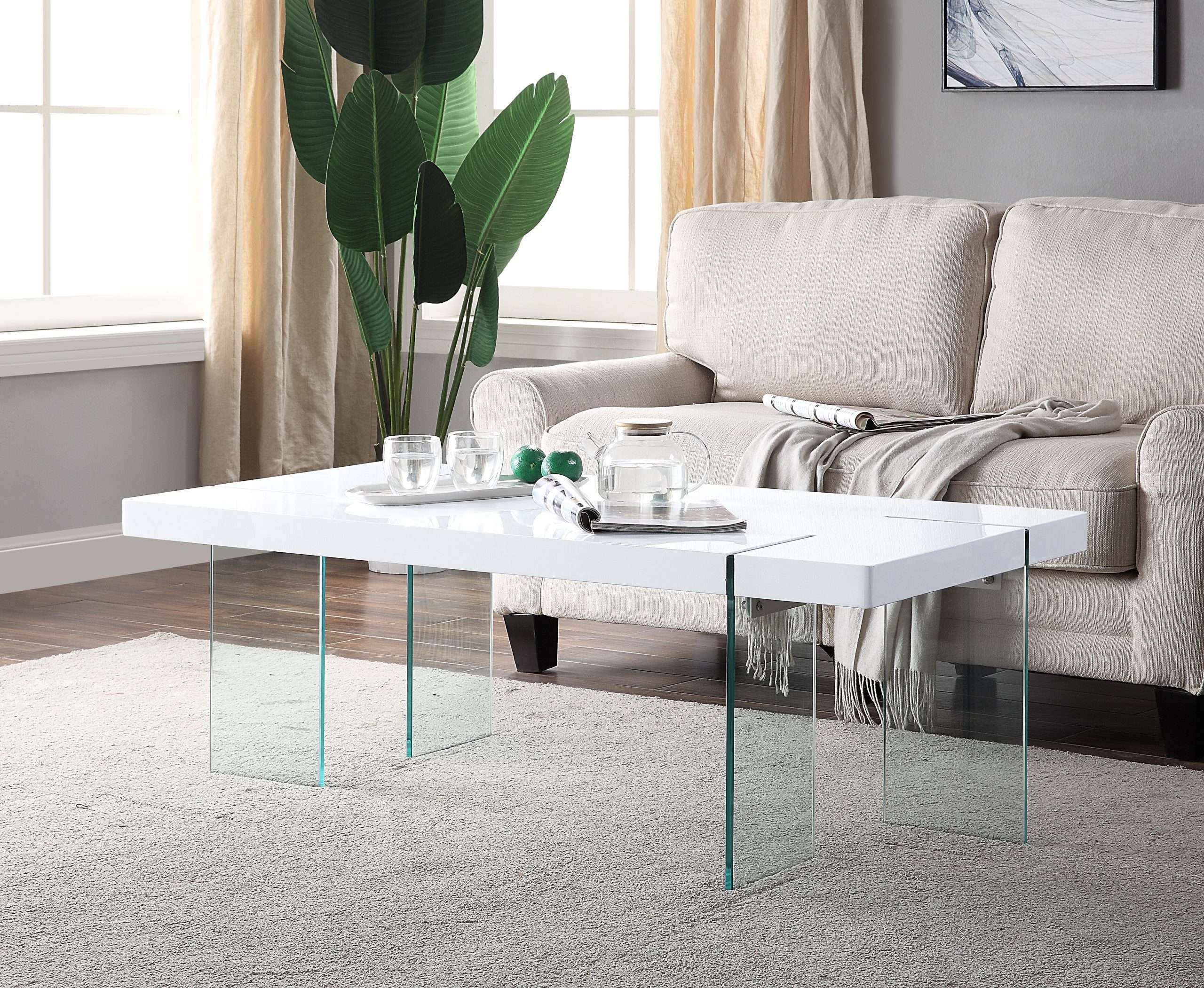 Acme Noland Coffee Table in White High Gloss and Clear Glass