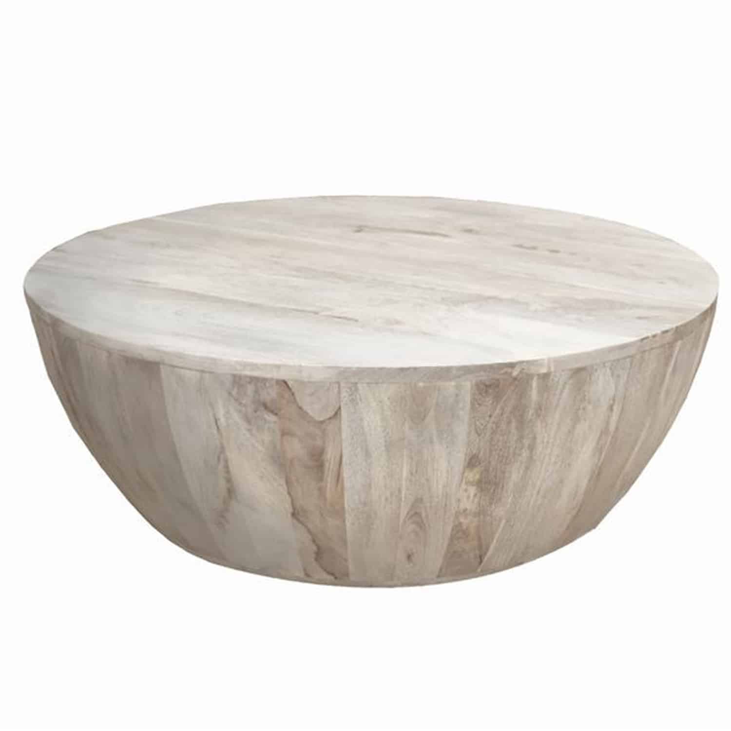 Distressed Mango Wood Coffee Table in Round Shape, Washed Light Brown ...