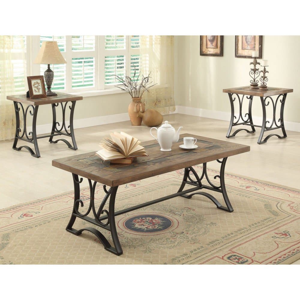 Kiele 3pc Slate Top Coffee End Side Table Set Oak Wood Antique Black ...