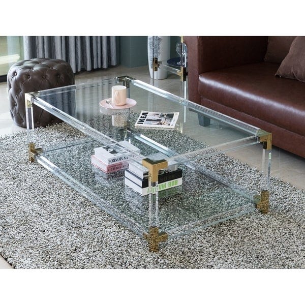 Rectangular Acrylic Modern Gold Metal Coffee Table with Tempered Glass ...