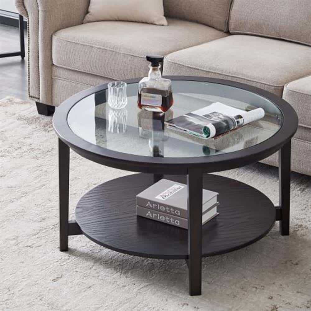 Round Glass Top Coffee Table Modern Solid Wood Round Sofa Table w ...