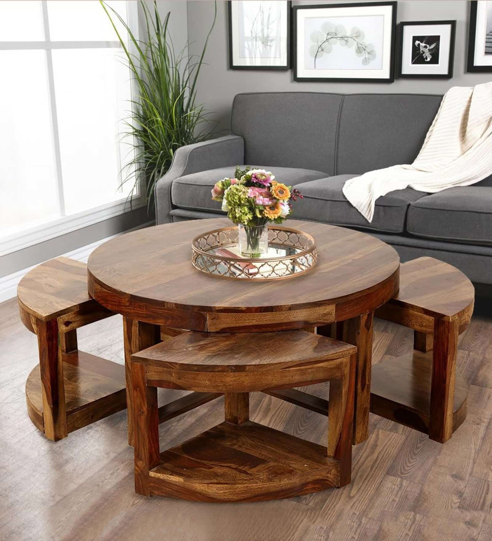 Round Sheesham Solid Wood Coffee Table With 4 Stools Finish By MFT  My ...